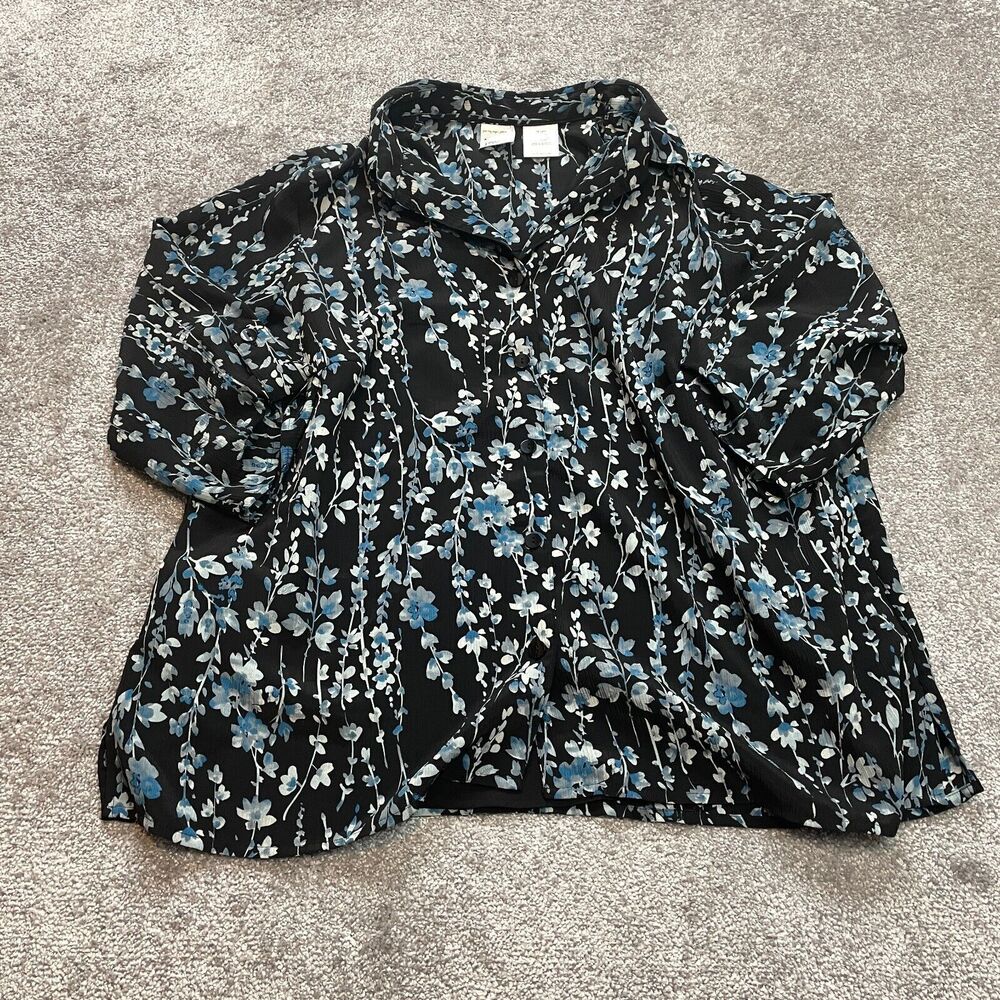 JMS Just My Size Blouse Button Up Shirt womens 2X 18W-20W Black Blue Floral Top